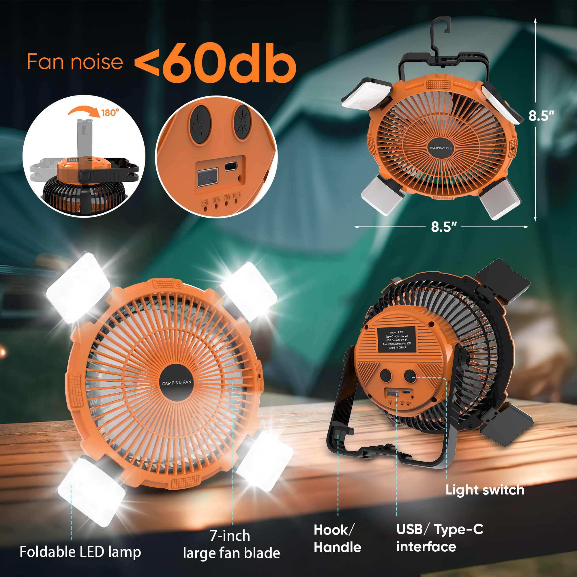 PortableOut Camping Tent Fan, Battery Powered Fan, USB Outdoor Fan, Camping Accessories