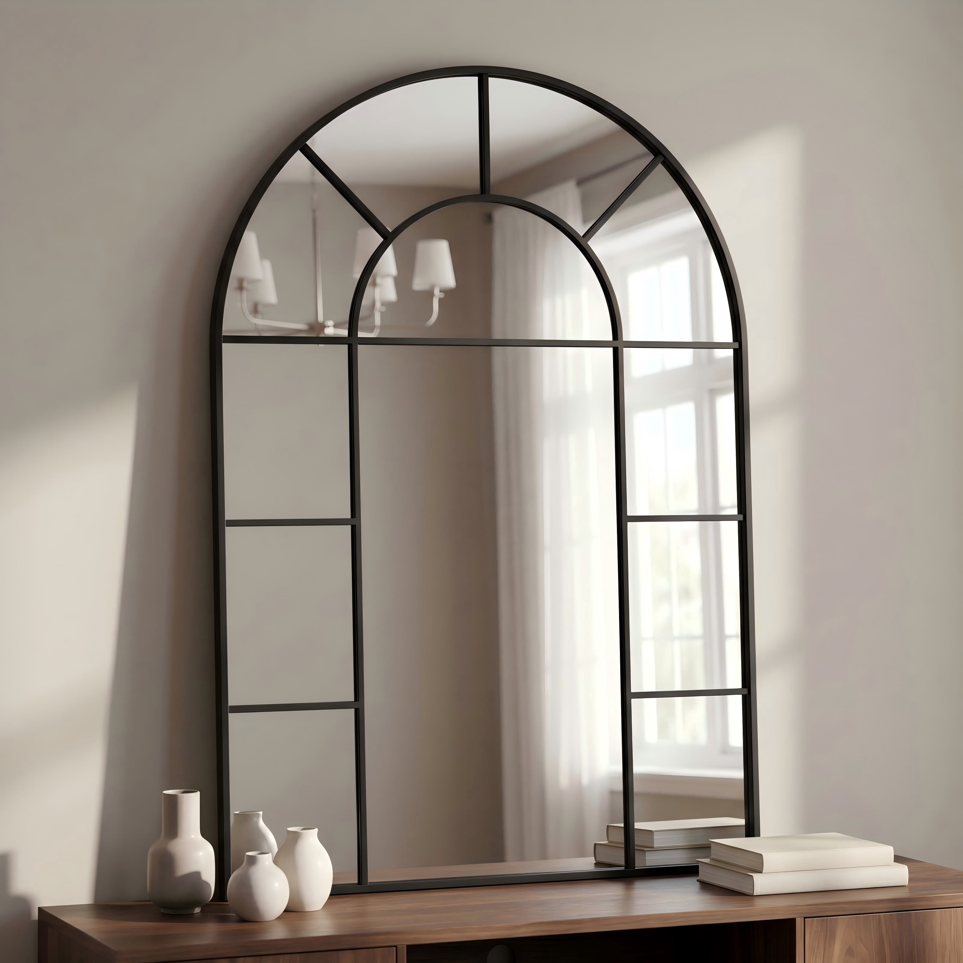 Gleamira 32"x48" Arched Bathroom Mirror Wall Mirror with Windowpane Wall-Mounted Leaning Mirror, Black