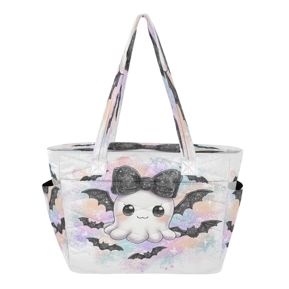 Quilted Tote Bag Large Capacity Multi-Compartment Handbag Lightweight Structured Shoulder Bag Versatile Casual Bag Cute Black Bat Ghost