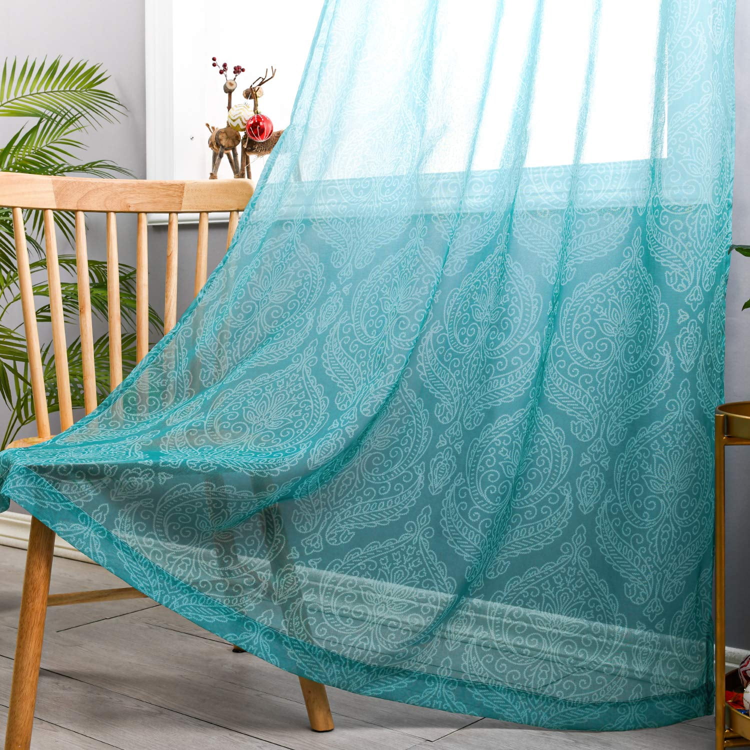 JIUZHEN Damask Ombre Semi Sheer Curtains for Living Room - Faux Linen Gradient Grommet Voile Curtains for Boys Kids Room Bedroom, 2 Window Curtain Panels, 52 x 63 inch Length, Turquoise
