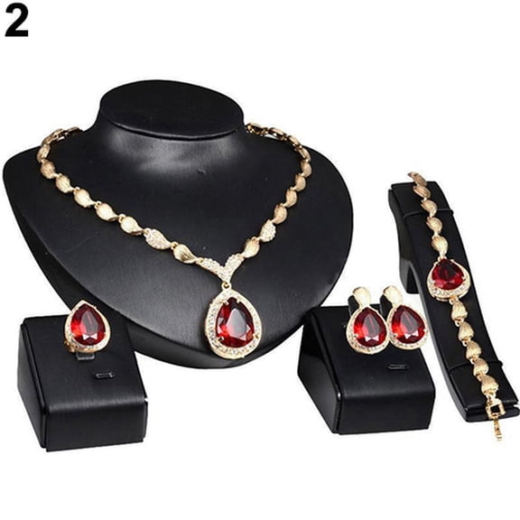 Ruanlalo Women Fashion Rhinestone Pendant Necklace Ring Bracelet Earrings Jewelry Set Red