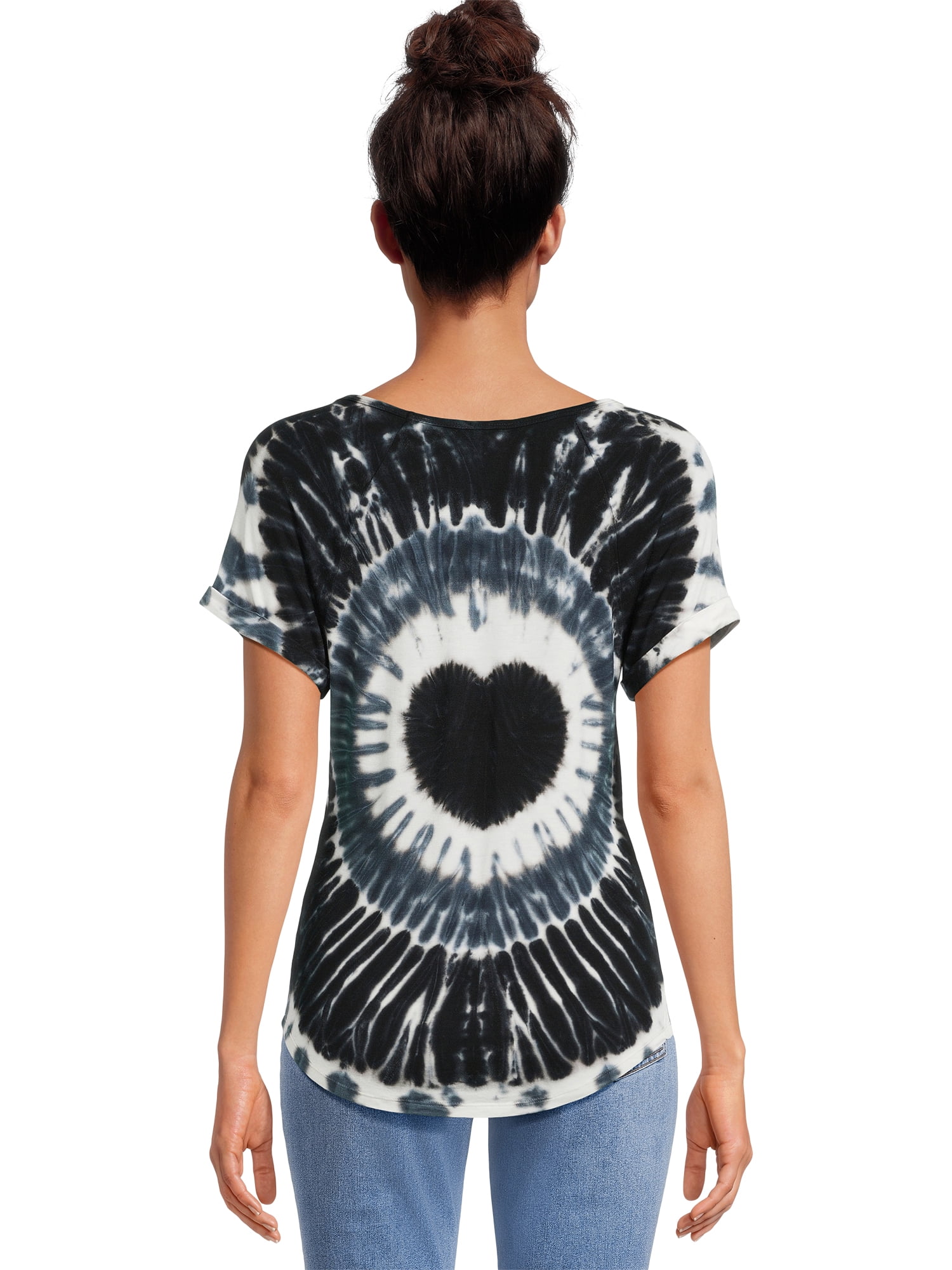 No Boundaries T-Shirt, Tie-Dye, 95% Rayon, 5% Spandex, Black Heart, (Female)