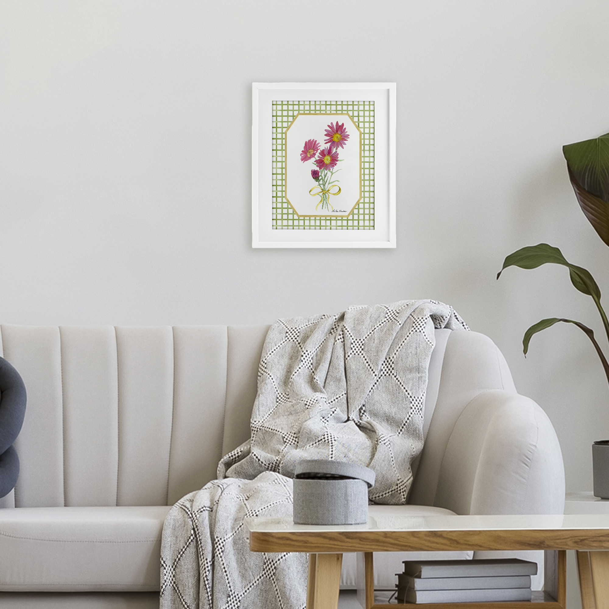 Botanical Story on Gingham White Framed Print Under Glass, design by Lee Ann Sanders