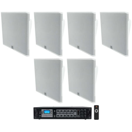 6) JBL SLP14/T-WH Low-Profile On Wall Mount White 4" 70v Commercial Speakers+Amp