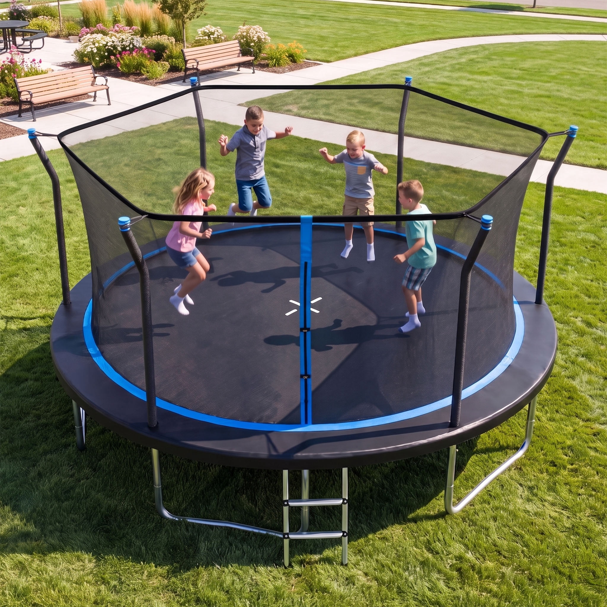 EUROCO 14FT Outdoor Trampoline for Kids and Adults with Safety Enclosure and Ladder, 1200LBS Capacity Round Backyard Bouncer for Birthday Gift