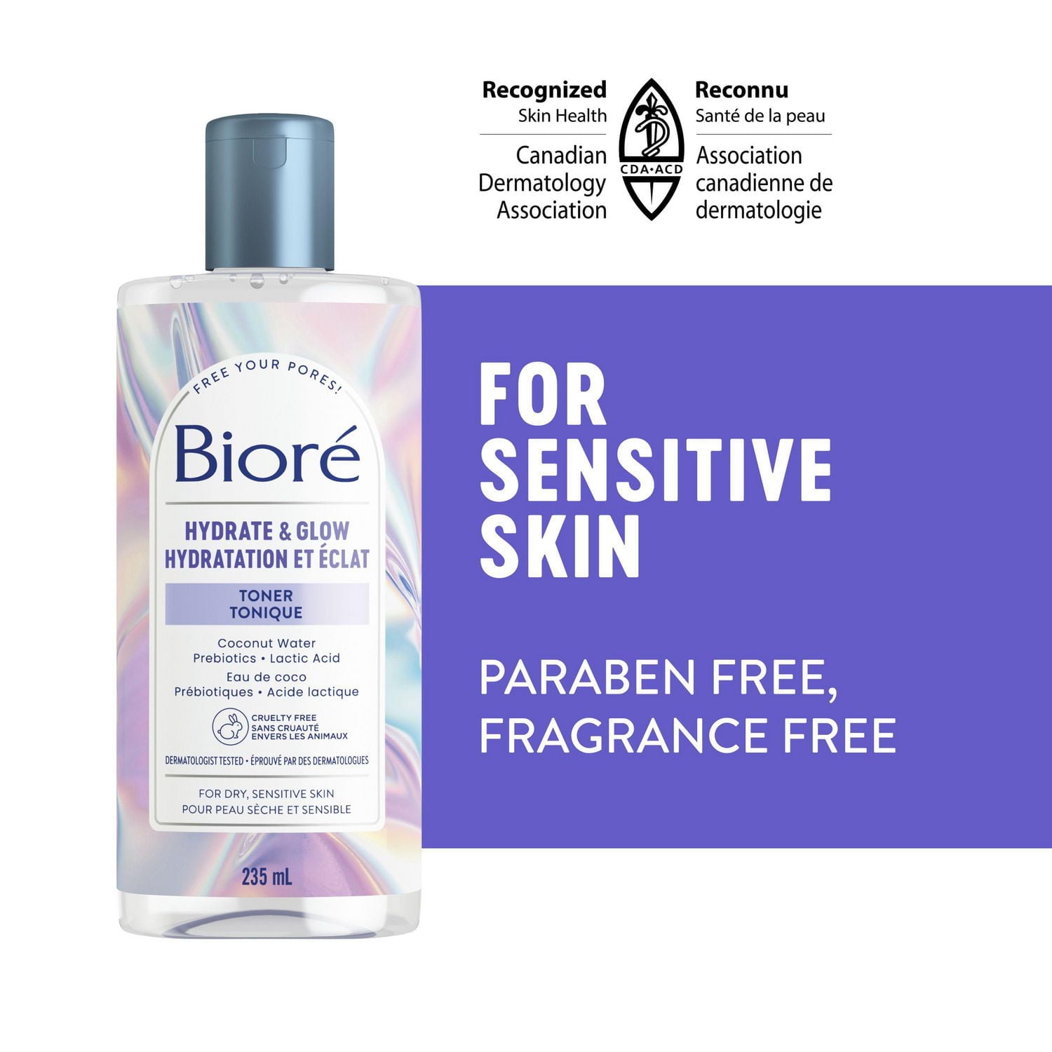 Bioré Tonique Hydratation et éclat de Bioré, avec eau de coco + prébiotiques + acide lactique, tonique pour peau sèche et sensible, 235 mL