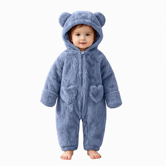 KJameas Baby Boys Girls Jumpsuit Fuzzy Fleece Heart Pocket Bear Hooded