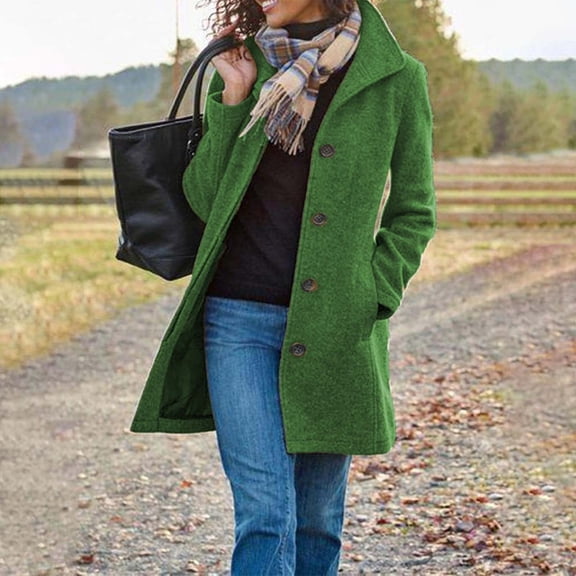 Baqcunre Womens Winter Coats Women's Solid Color Vintage Mid Length Button Wool Jacket Coat Womens Jacket Fall Outfits Green L