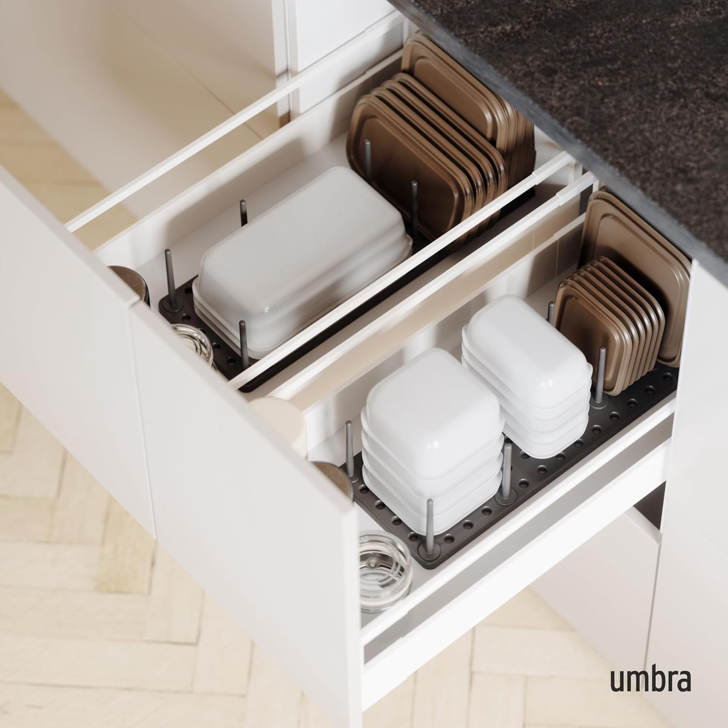 Peggy Kitchen Drawer Cupboard Organizer Tray - Adjustable Storage System For Food Containers, Cookware, Serveware, Utensils and More, Grey