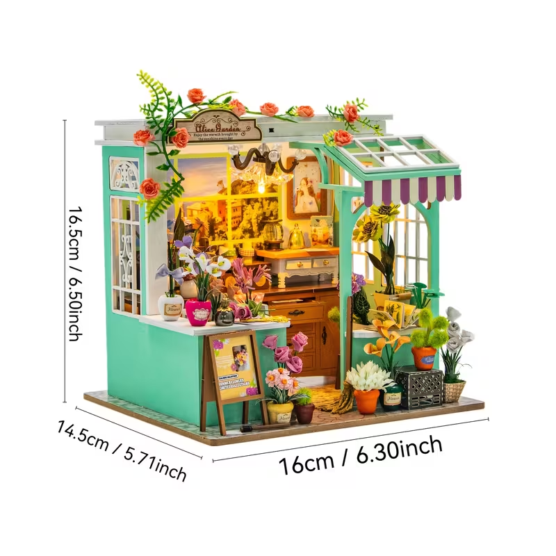 Qissep DIY Miniature Kit Flower Garden, Flower Shop Theme Miniature Assembly Model Cottage, DIY Assembly Model, Handmade Creative Craft, Green,Interesting Gifts for Family, Friends,Colleague