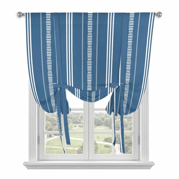 Boho Sea Blue Tie Up Curtains for Small Windows,Adjustable Rod Pocket Valance 45 Inch Short, Minimalist Farmhouse Striped Window Treatment Balloon Roman Blind Shade, 34" x 45"