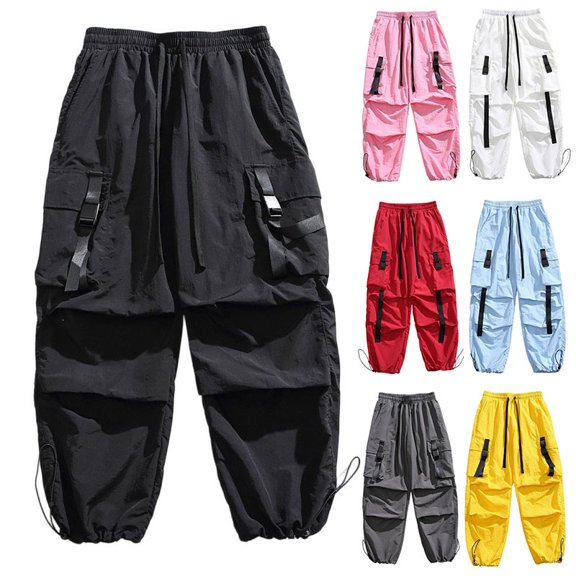Men's Baggy Hiking Cargo Pants Outdoor Lightweight Water Resistant Parachute Pants Comfort Adjustable Drawcord Cuffs Flexible Elastic Waist Multi-Pocket