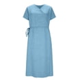 thumbnail image 6 of Gamivast Linen Dress for Women V-Neck Short Sleeve Wrap Dress With Belt Casual Summer Style A-Line Midi Dress Flare Hem Sundress Daily Wear Outfits, 6 of 8