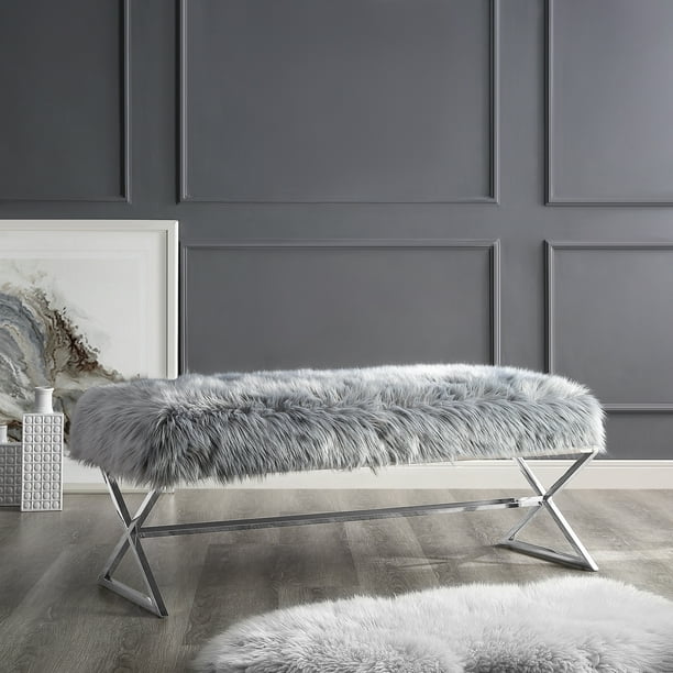 Inspired Home Amelia Faux Fur Bench XLeg Chrome Base, Grey Walmart