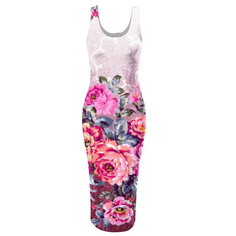 Ernkv Women's Midi Bodycon Dress Clearance Floral Print Clothing Beach  Scoop Neck Dress Elegant Casual Comfy Retro Boho Sleeveless Summer Holiday  White M - Walmart.com