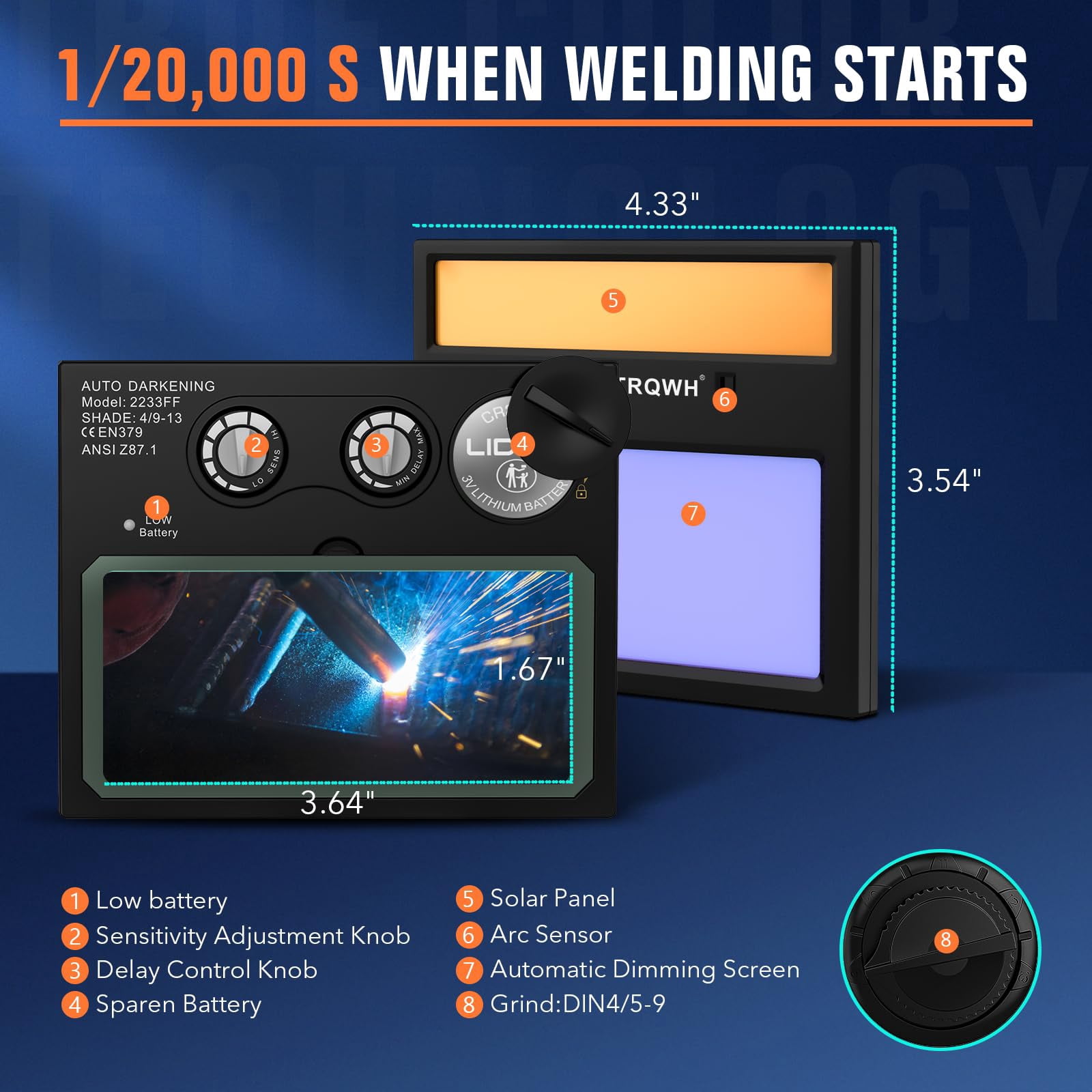 Welding Lens - Solar Auto Darkening Welding Helmet Lens True Color Technology with 2 Arc Sensor Ajustable Shade Range 4/9-13 Automatic LCD Lens Dimming Shade Filter 4.33x3.54in Auto Welding Lens