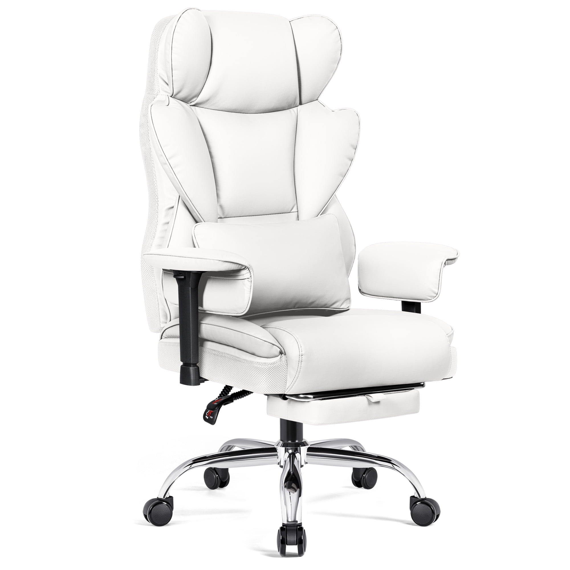 COOLHUT Large Executive Leather Office Chair with Footrest, Ergonomic Reclining Design, High Back and Lumbar Support, Ideal for Big and Tall Users, Perfect for Home Office or Computer Desk Use, White