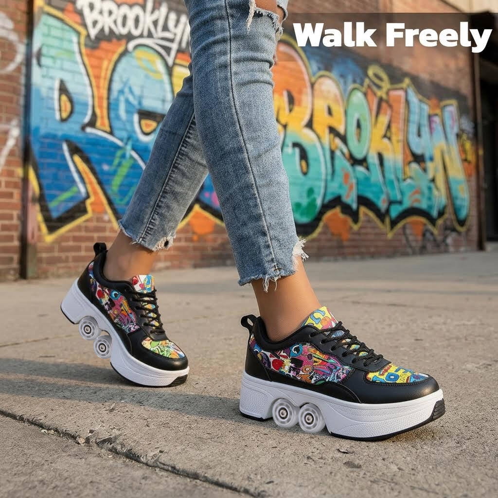 CZV Women's & Teens Graffiti Print Four-Wheel Convertible Roller Skate Shoes,2-in-1 Roller Skates & Sneakers Unisex Retractable Wheels Indoor Outdoor Fun & Fitness Kick Roller Shoes