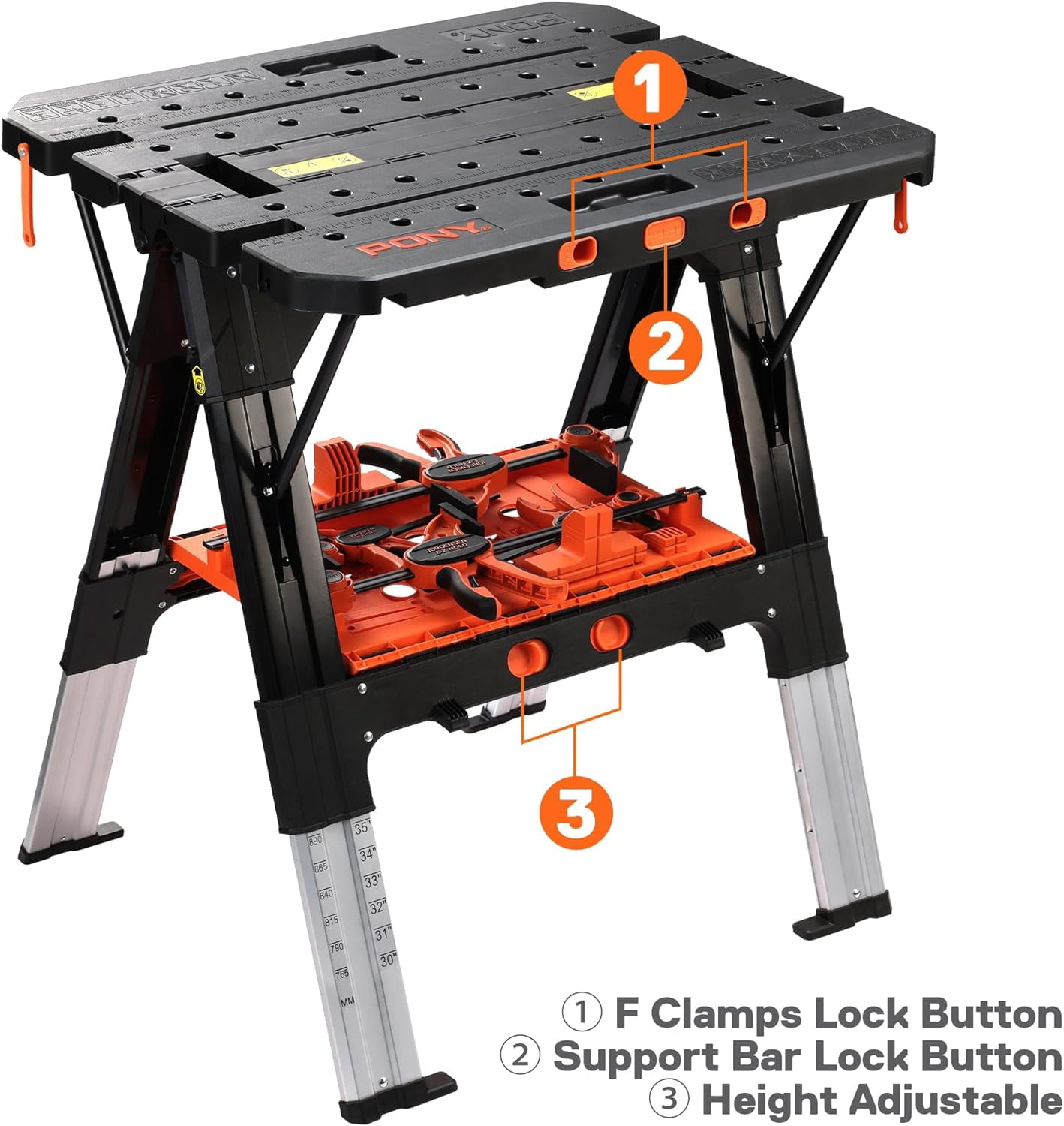 Pony Portable Folding Work Table, 2-in-1 as Sawhorse & Workbench, Load Capacity 1000 lbs-Sawhorse & 500 lbs-Workbench, 31” W×25” D×25”-32”H, with 4pcs Clamps, 4pcs Bench Dogs, 2pcs Safety Straps