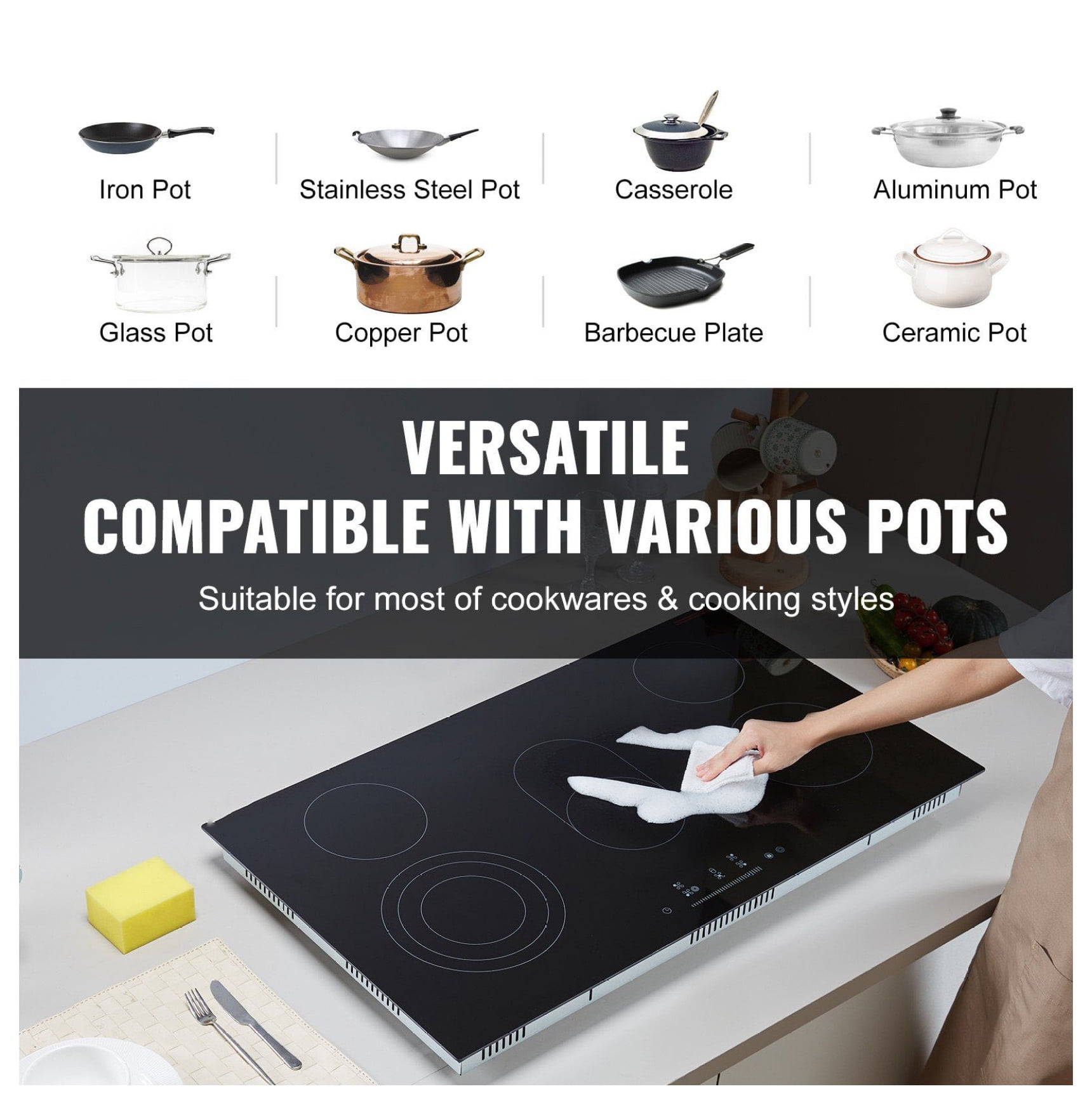 Electric Cooktop 36 Inch 5 Burners, Ceramic Radiant Cooktop Built-In Slide Control Panel, 9 Power Levels, Timer, Child Lock, Safety Features for Kitchen