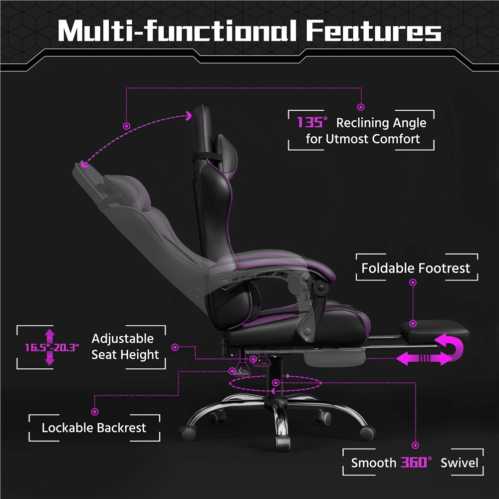 Alden Design High Back Reclining Ergonomic Gaming Chair with Slide Out Footrest, Black/Purple