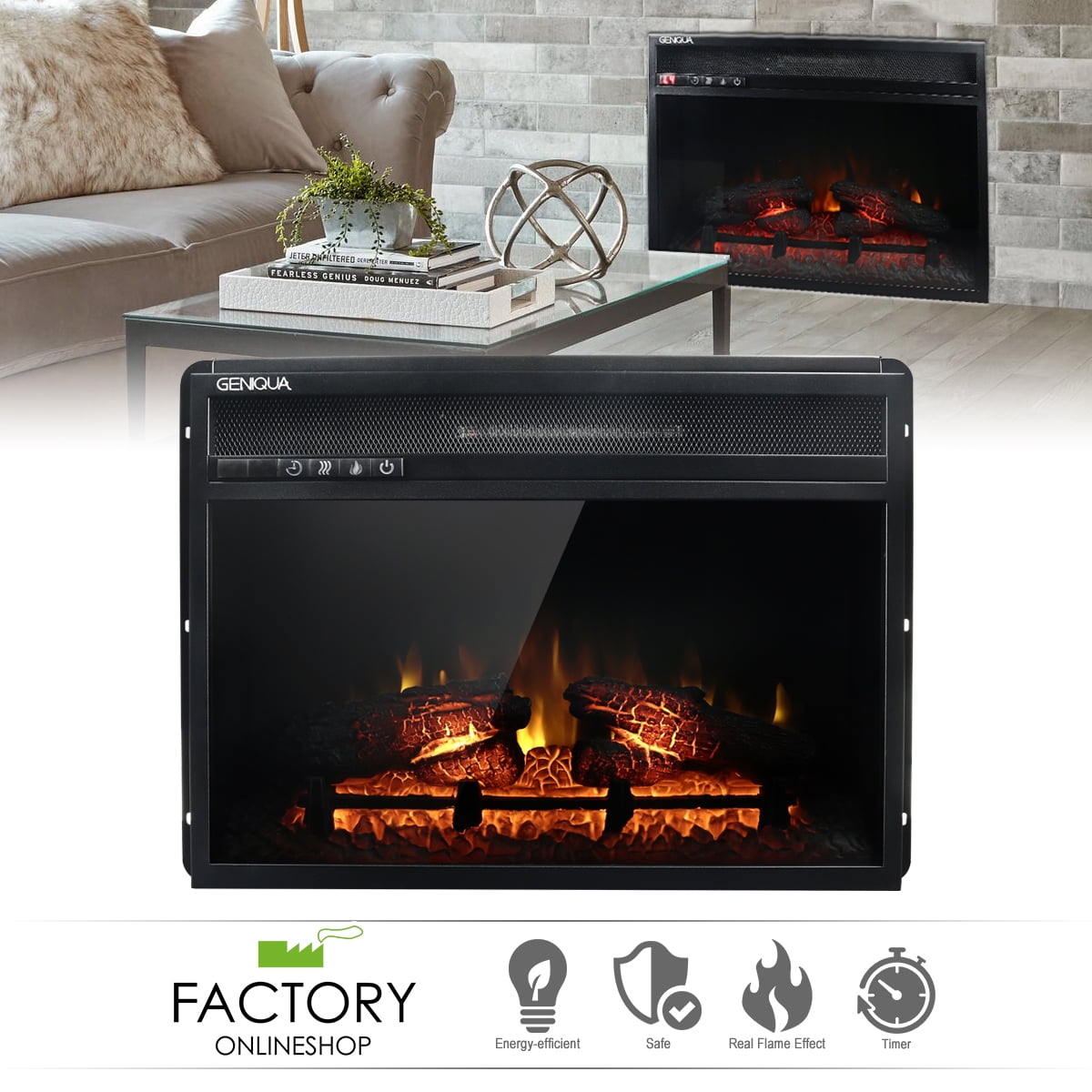 Geniqua 24" Wall Insert 1400W Electric Fireplace Heat w/Remote LED
