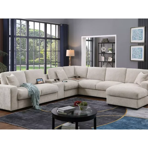 Modern Living Room 6pc Modular Sectional Set Beige Chenille Couch Right Facing Chaise Cupholders Console Storage