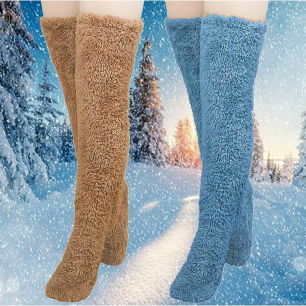 Calcetines de mujer, 2 pares, altos y peludos, por encima de la rodilla, calentadores de piernas de invierno, pantuflas para mujer, calcetines navideños para dormir en casa.