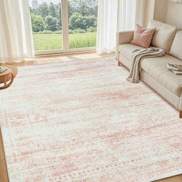Alfombra lavable de lana sintética rosa y blanca, 240 x 300 cm