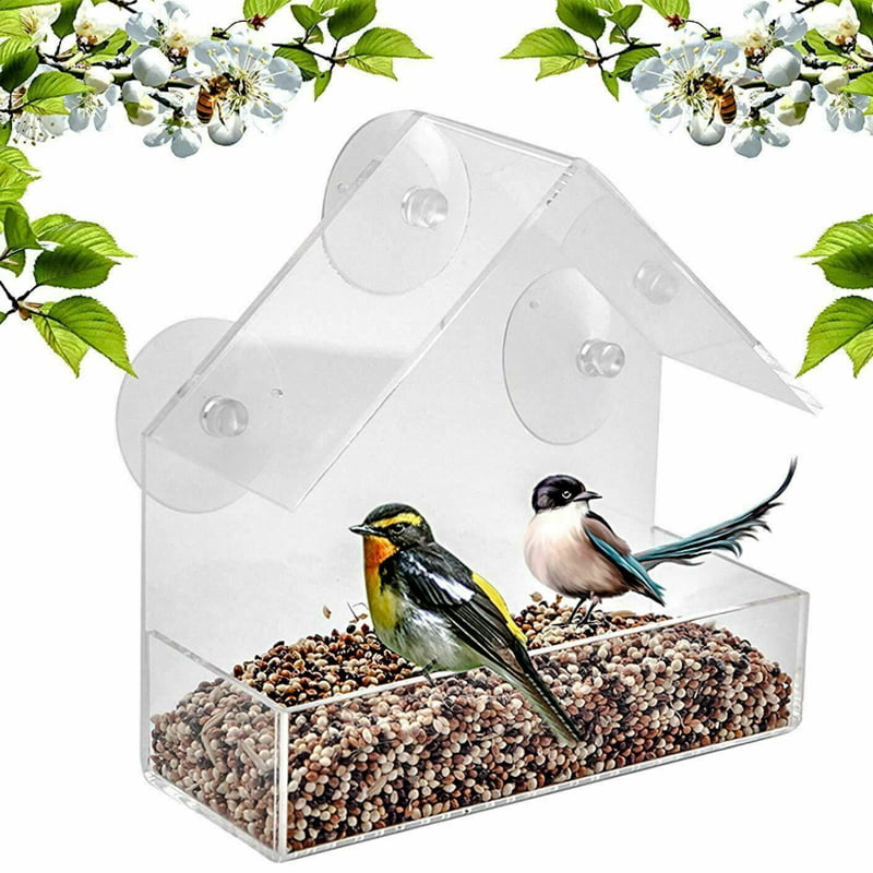 Clear Acrylic Window Bird Feeder Squirrel Proof w/ Sliding Partitioned Seed Tray 