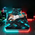 thumbnail image 5 of Manfei Neon Geometric Twin Sheets, Gradient Plaid Bedding, Teal and Black, Black Reversible 3 Pieces1 Flat Sheet + 1 Fitted Sheet + 1 Pillowcase, 5 of 6