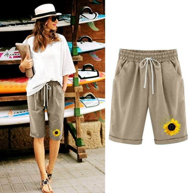 LOVZFMLL Mode Femmes Shorts Décontractés Amples Taille Élastique Poche d'Été Kaki TTG