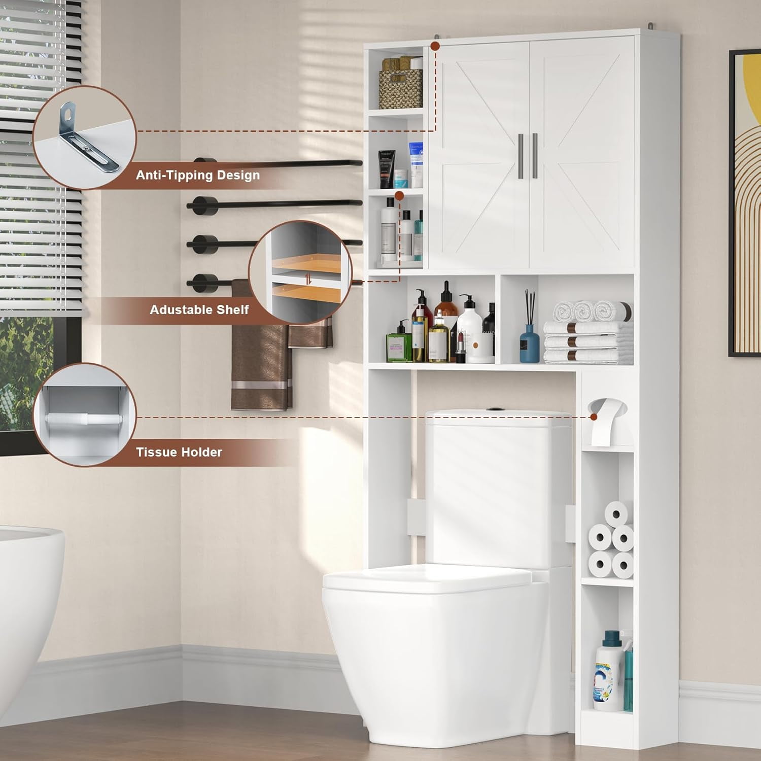 Frmobepts Over The Toilet Storage Cabinet with Toilet Paper Holder Stand, Above Toilet Organizer with Doors, Behind Toilet Shelf for Restroom, Bathroom, Laundry, White