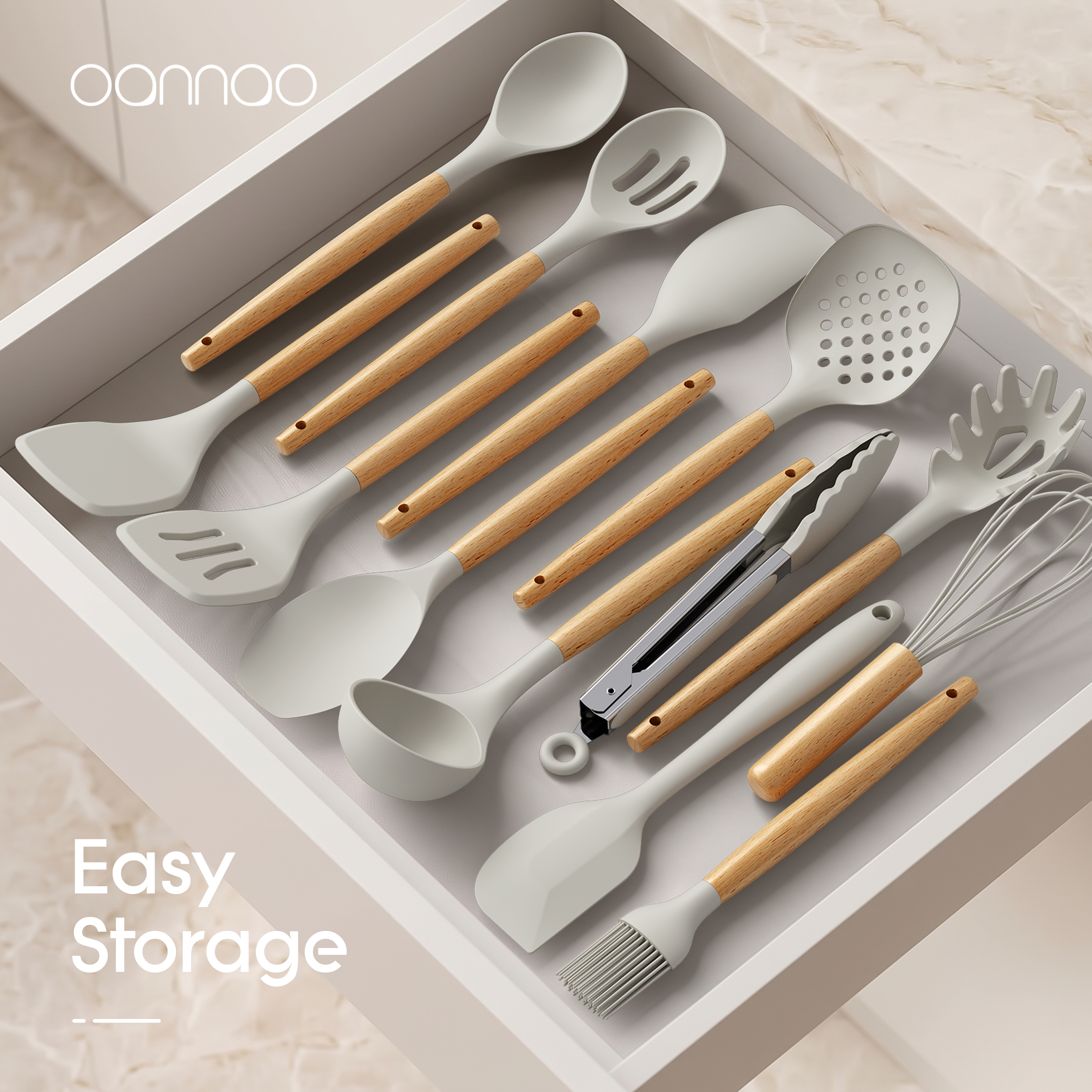 oannao 14-Piece Silicone Cooking Utensils Set With Wooden Handles photo 4