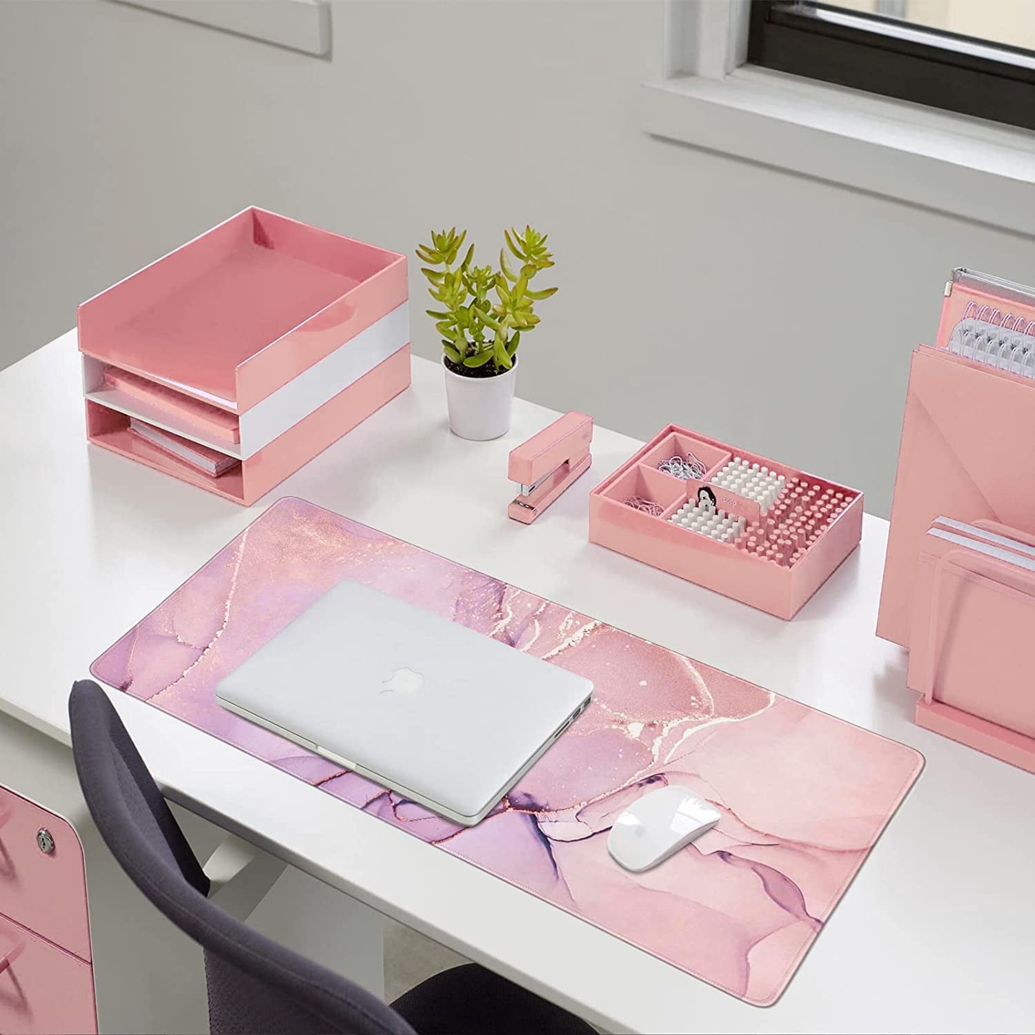 Large Gaming Mouse Pad with Seam Edge, Anti-Slip Extended Mouse Pad with Micro-Weave Cloth Surface,Waterproof Keyboard Pad, Desk Pad for Gamer Office Home XXL 31.5" x 15.7" in Pink Marble
