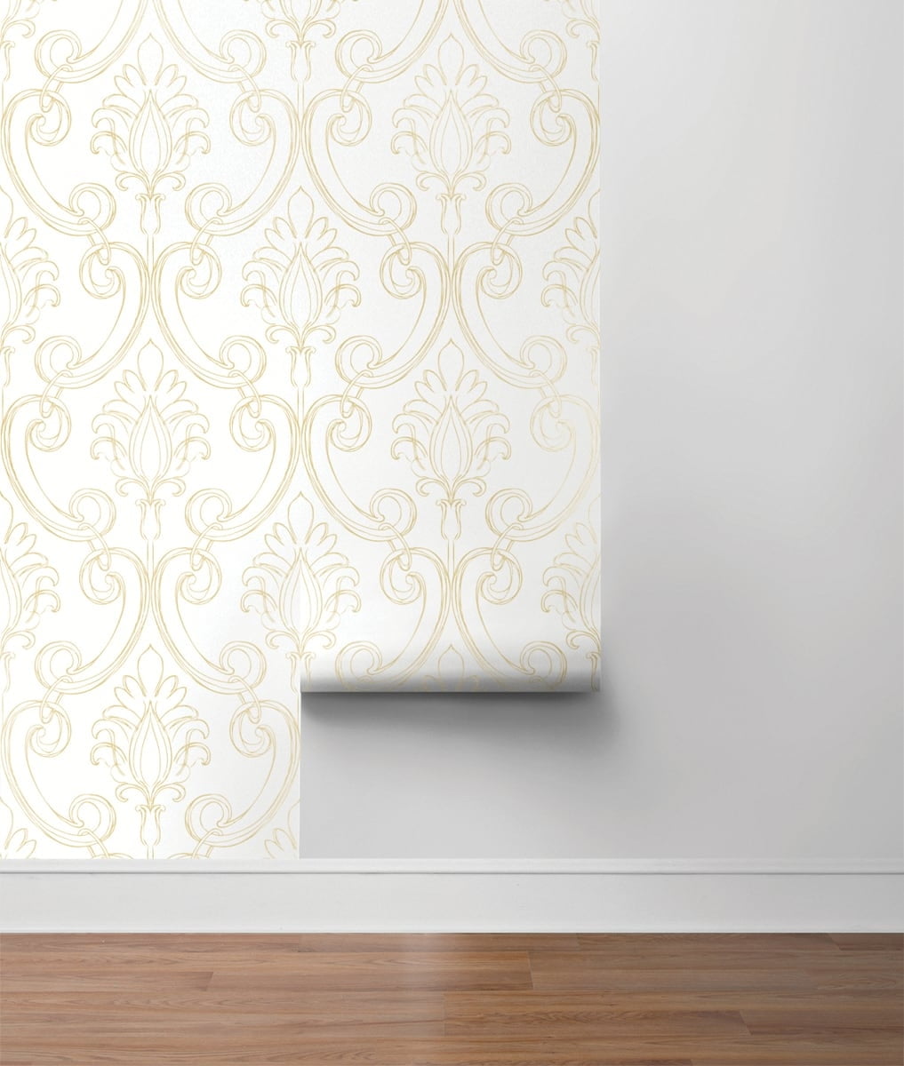 NextWall Metallic Gold Sketched Damask Peel and Stick Wallpaper