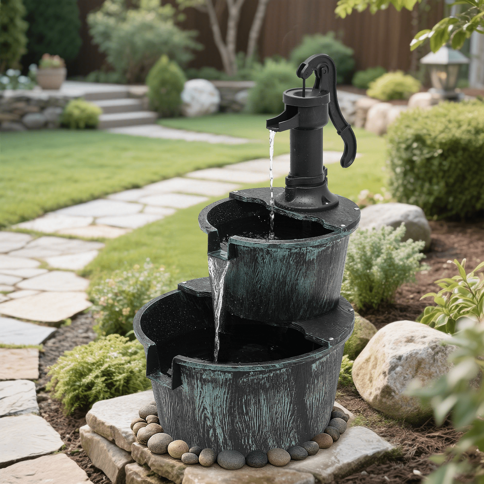 MoNiBloom 2-Tier Barrel and Pump Fountain Outdoor, 27" Tall Cascading Waterfall Fountain with Electric Recirculating Pump for Garden Patio Backyard Decor, Green