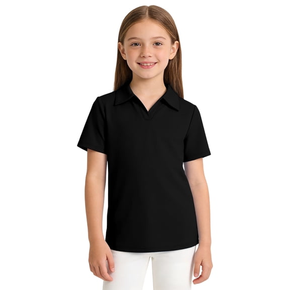 Tisuna Girls Summer Athletic Shirts Solid Color Short Sleeve Lapel Collar Tops Breathable Soft Little Girls Tennis Sport Activewear Tees Black Size 3-4 Years