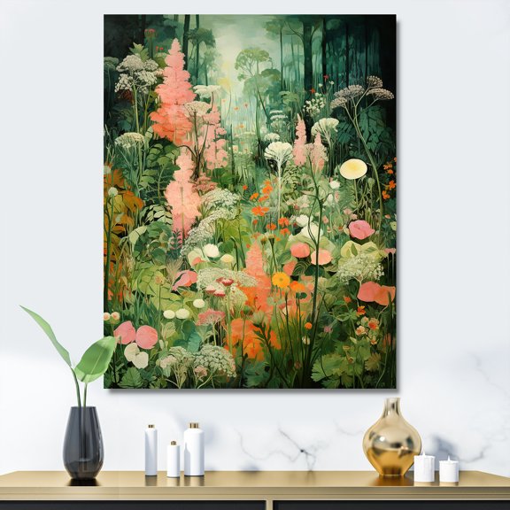 Designart "Enigmatic Pink and Green Garden Flowers III" Abstract Canvas Wall Art - Modern Pink Tachisme Entryway Wall Art Print