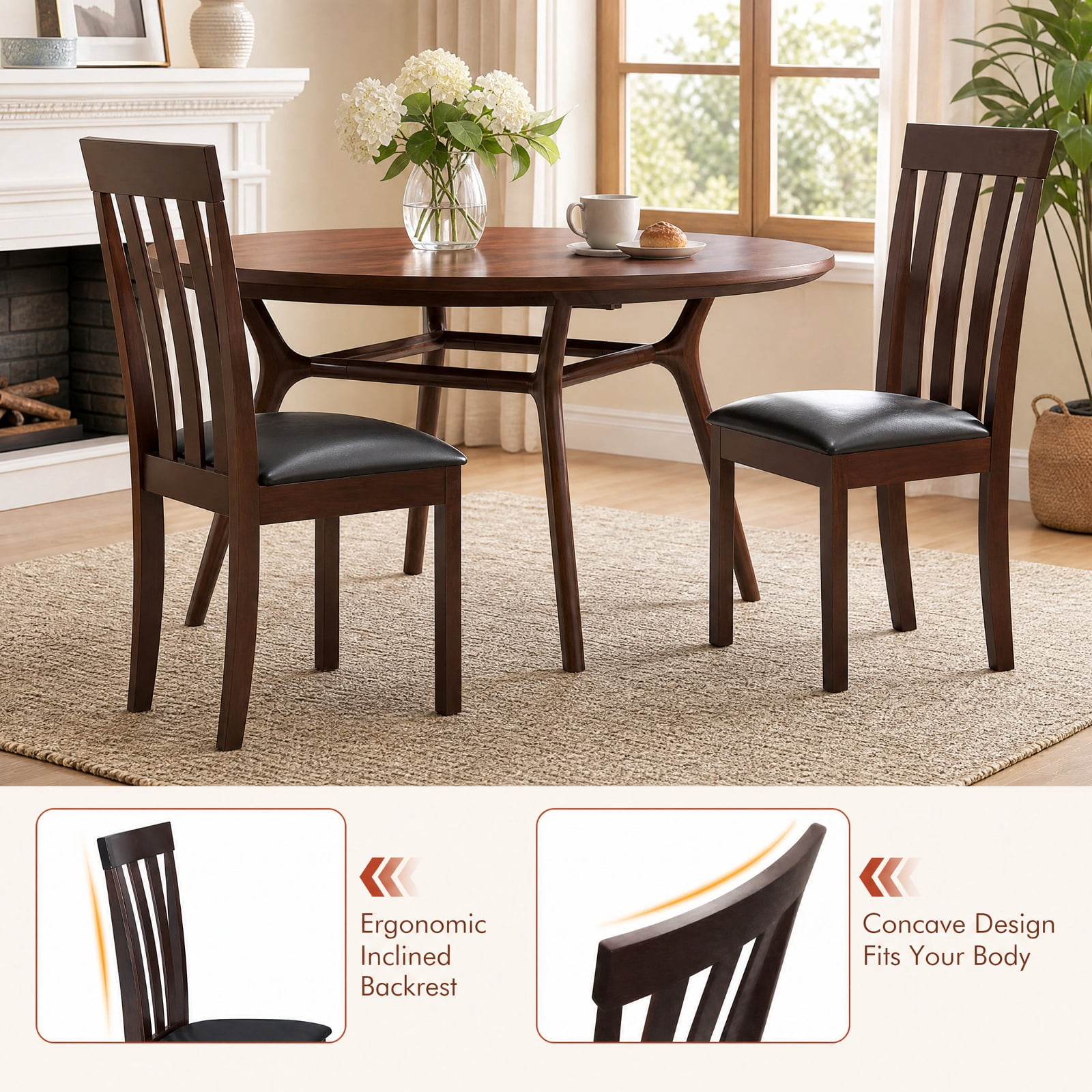 Furnibear Upholstered Dining Chairs Set of 2 Wooden Kitchen Chairs with Padded Seat and Rubber Wood Frame for Dining Room, Espresso