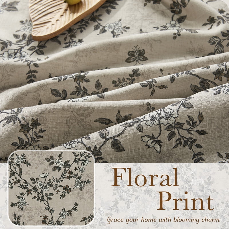 NICETOWN Floral Linen Curtains 84 inch Long, Linen Cotton Floral Pattern Organic Privacy Window Drapes Rod Pocket & Back Tab with Light Filtering for Bedroom Living Room, Pea Green, 52"x84", 2 Panels