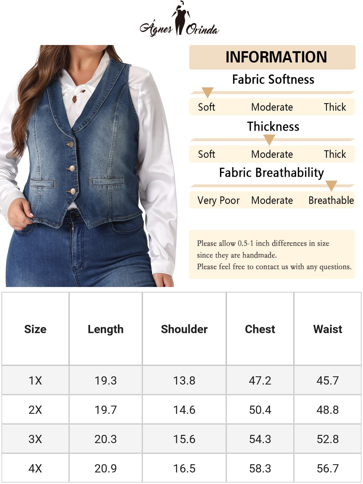 DARING DIVA Women's Plus Size Button Down Waistcoat Denim Vest 4X Dark Blue