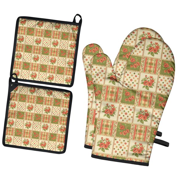 Pioneer Flower Floral Print Pattern 2-Pack Oven Mitts Set, Heat Resistant Kitchen Gloves, 7.7" X 12"
