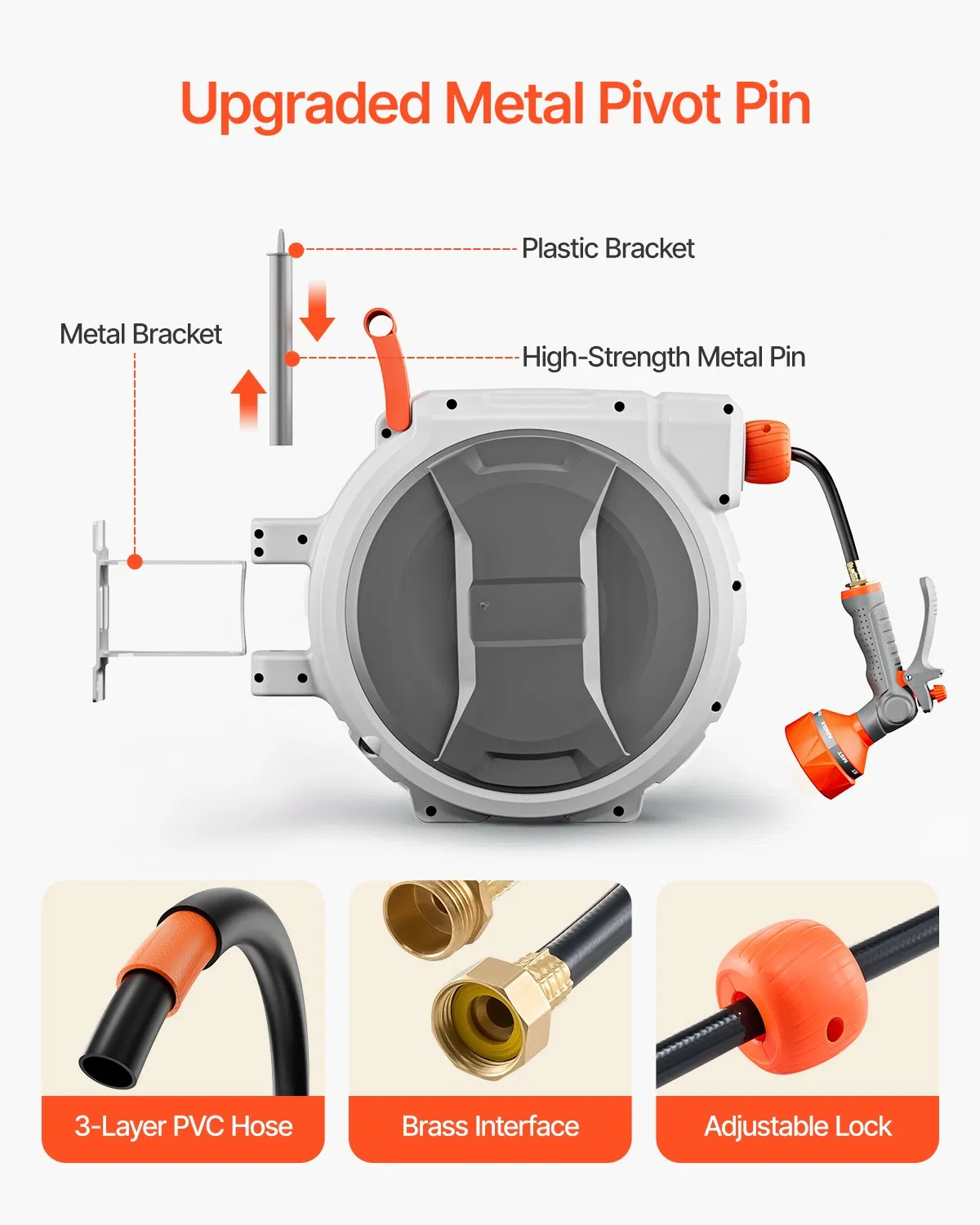 Extensible garden hose reel, wall-mounted hose reel, with 9 pattern nozzles, adjustable length lock, upgraded slow return system, suitable for watering and car washing