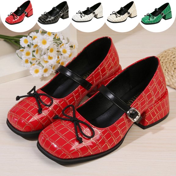 IEMIEMIEM Women's Chunky Heels Mary Jane Shoes Classic PU Leather Pumps Round Toe Bow Patent Strap Buckle Dress Shoes Casual Daily Work Versatile 6.5 wide