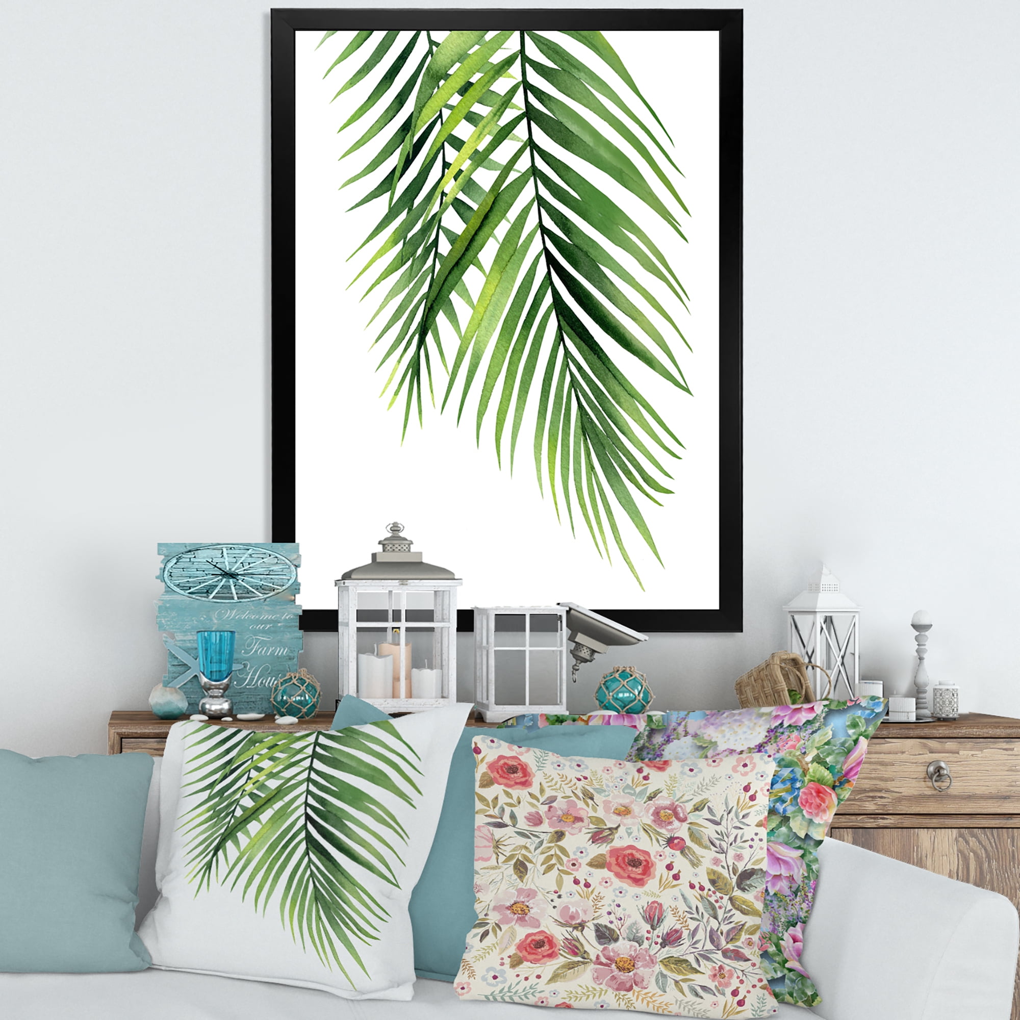 Designart 'Tropical Palm Branches' Tropical Framed Art Print