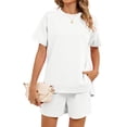 thumbnail image 2 of Women Casual 2 Piece Outfits Sweatsuits Summer Short Sleeve Loungewear Tracksuit Round Neck Lounge Shorts Sets White XXL, 2 of 10