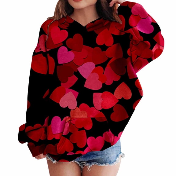 TIREOW Girls Hoodies Cute Heart Print Long Sleeve Hooded Sweatshirts Trendy Versatile Loose Casual Pullover Sweatshirts Tops