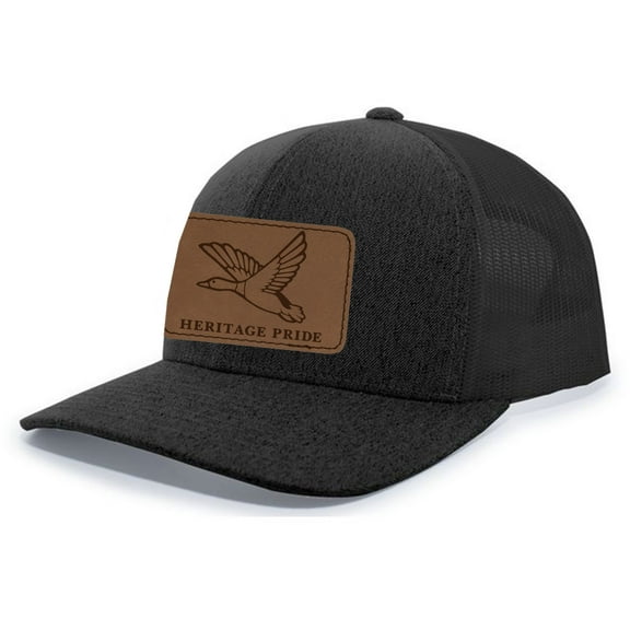 Heritage Pride Mallard Duck Laser Engraved Leather Mens Trucker Hat Baseball Cap, Black Heather/Black