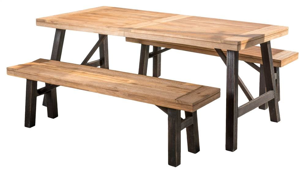 Boracay 3pc Laminated Acacia Picnic Set - Teak Finish/Brushed Gray - Christopher Knight Home: Outdoor Furniture with Benches